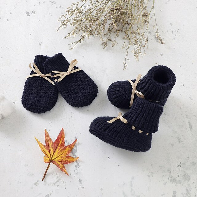 Baby Shoes + Gloves Set Knit Toddler Infant Slip-On Bed Shoes Hand Made Newborn Girl Boy Cute Boot Mitten Fashion Butterfly-Knot