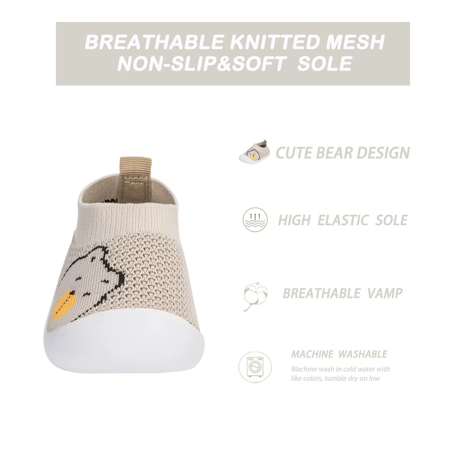Baby Toddler First Walking Non-Skid 1-4 Years Kids Shoes Infant Boys Girls Soft Sole Lightweight Breathable Knitted Mesh Sneakers Slip-On Slippers(A02-Khakibear-S)