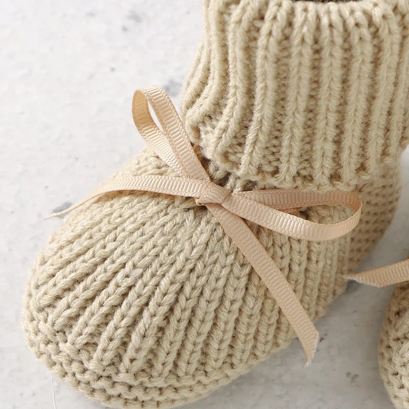 Baby Shoes + Gloves Set Knit Toddler Infant Slip-On Bed Shoes Hand Made Newborn Girl Boy Cute Boot Mitten Fashion Butterfly-Knot
