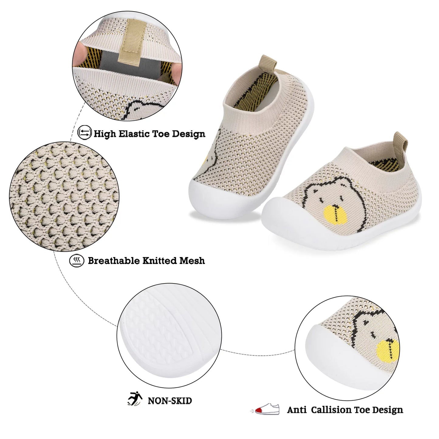 Baby Toddler First Walking Non-Skid 1-4 Years Kids Shoes Infant Boys Girls Soft Sole Lightweight Breathable Knitted Mesh Sneakers Slip-On Slippers(A02-Khakibear-S)