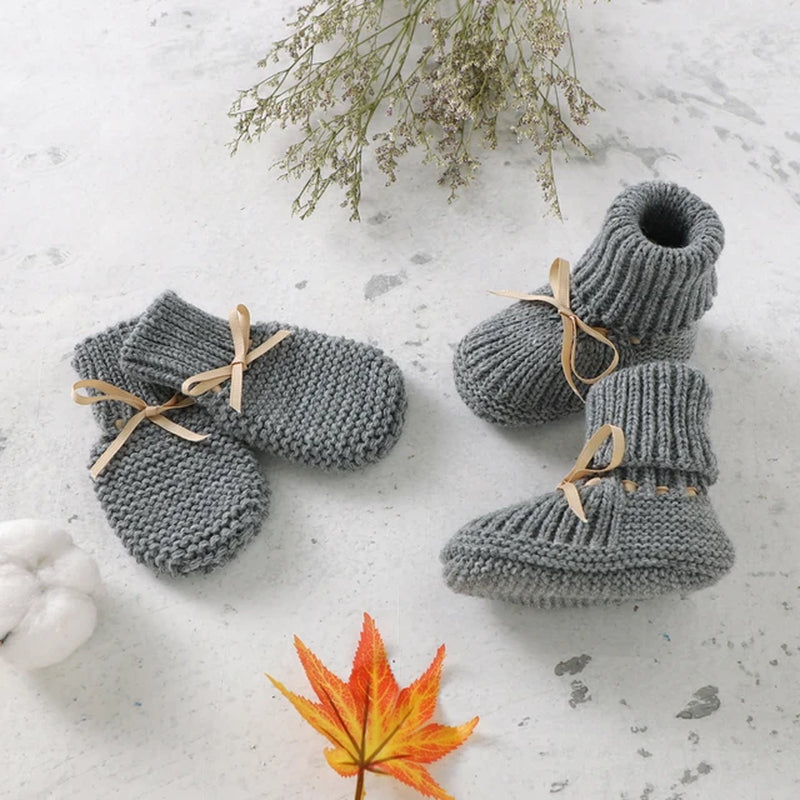 Baby Shoes + Gloves Set Knit Toddler Infant Slip-On Bed Shoes Hand Made Newborn Girl Boy Cute Boot Mitten Fashion Butterfly-Knot