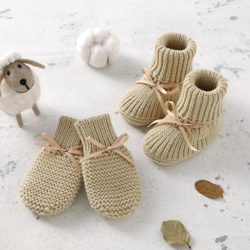 Baby Shoes + Gloves Set Knit Toddler Infant Slip-On Bed Shoes Hand Made Newborn Girl Boy Cute Boot Mitten Fashion Butterfly-Knot