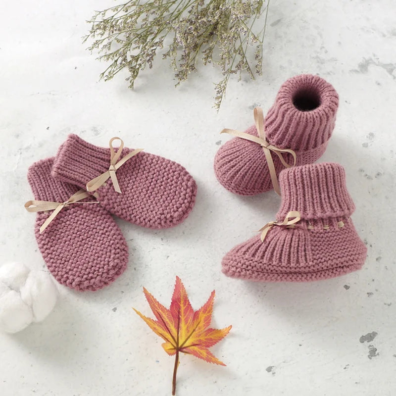 Baby Shoes + Gloves Set Knit Toddler Infant Slip-On Bed Shoes Hand Made Newborn Girl Boy Cute Boot Mitten Fashion Butterfly-Knot