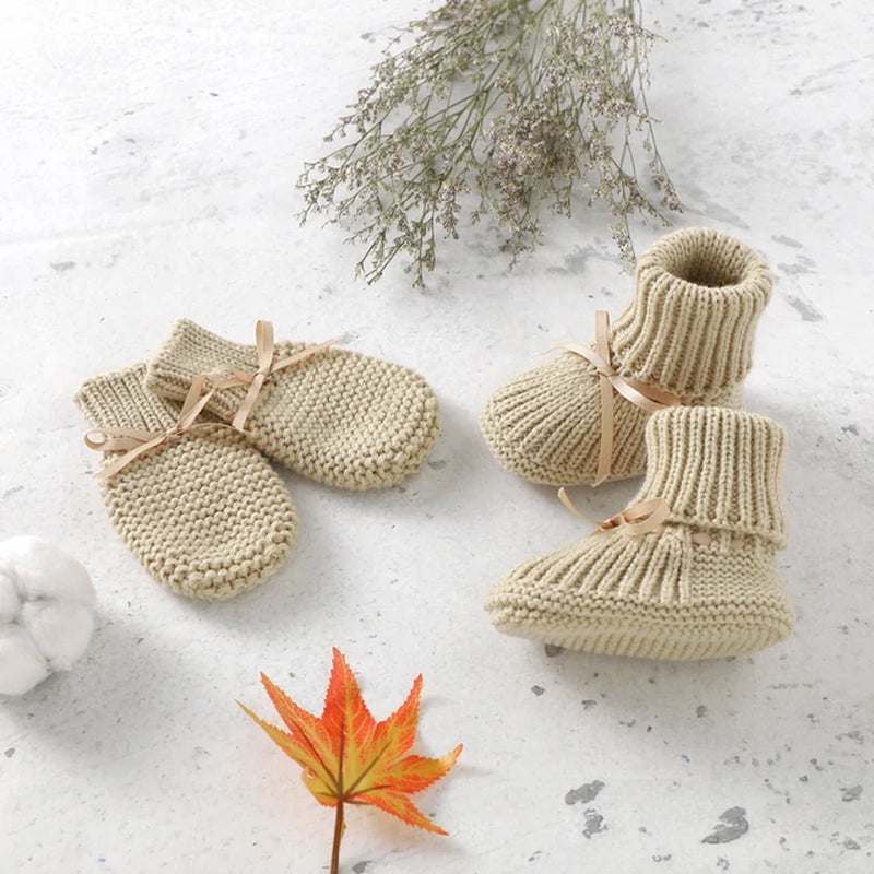 Baby Shoes + Gloves Set Knit Toddler Infant Slip-On Bed Shoes Hand Made Newborn Girl Boy Cute Boot Mitten Fashion Butterfly-Knot
