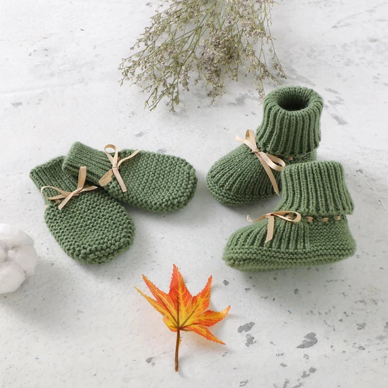 Baby Shoes + Gloves Set Knit Toddler Infant Slip-On Bed Shoes Hand Made Newborn Girl Boy Cute Boot Mitten Fashion Butterfly-Knot