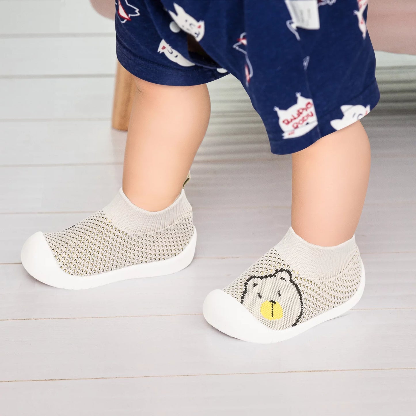 Baby Toddler First Walking Non-Skid 1-4 Years Kids Shoes Infant Boys Girls Soft Sole Lightweight Breathable Knitted Mesh Sneakers Slip-On Slippers(A02-Khakibear-S)