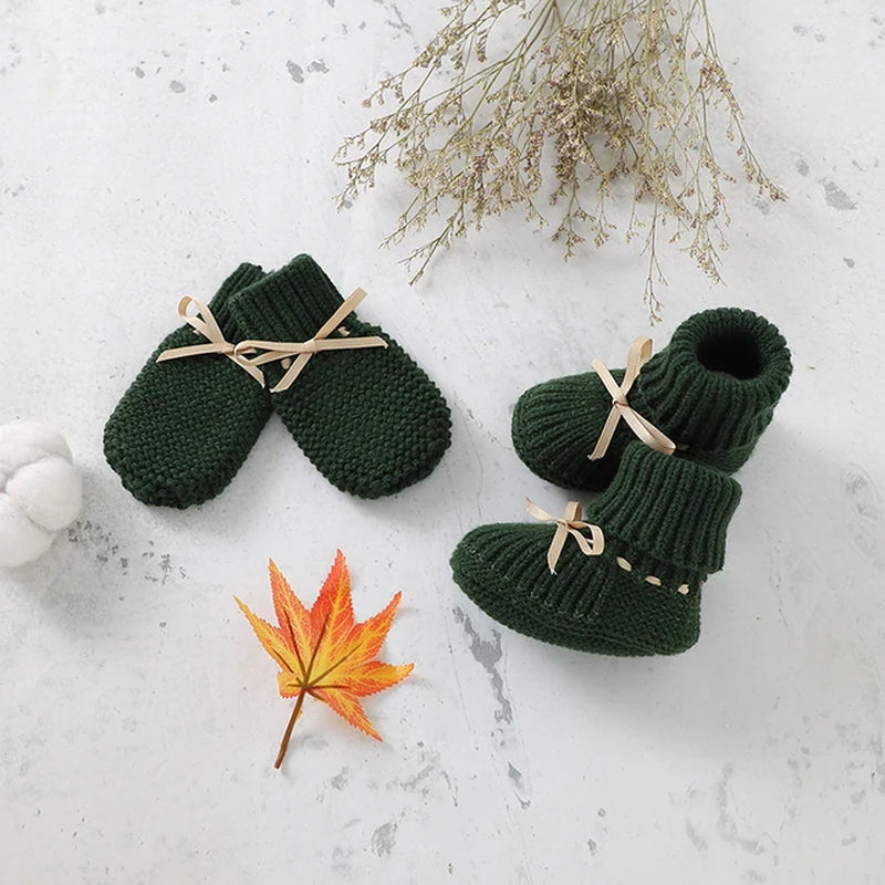 Baby Shoes + Gloves Set Knit Toddler Infant Slip-On Bed Shoes Hand Made Newborn Girl Boy Cute Boot Mitten Fashion Butterfly-Knot
