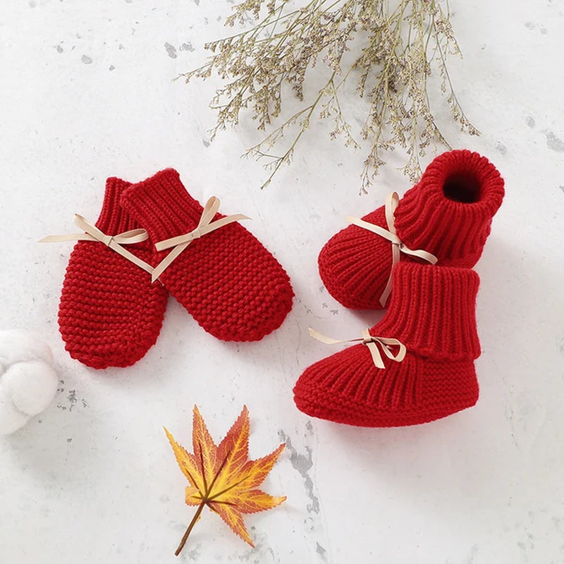 Baby Shoes + Gloves Set Knit Toddler Infant Slip-On Bed Shoes Hand Made Newborn Girl Boy Cute Boot Mitten Fashion Butterfly-Knot