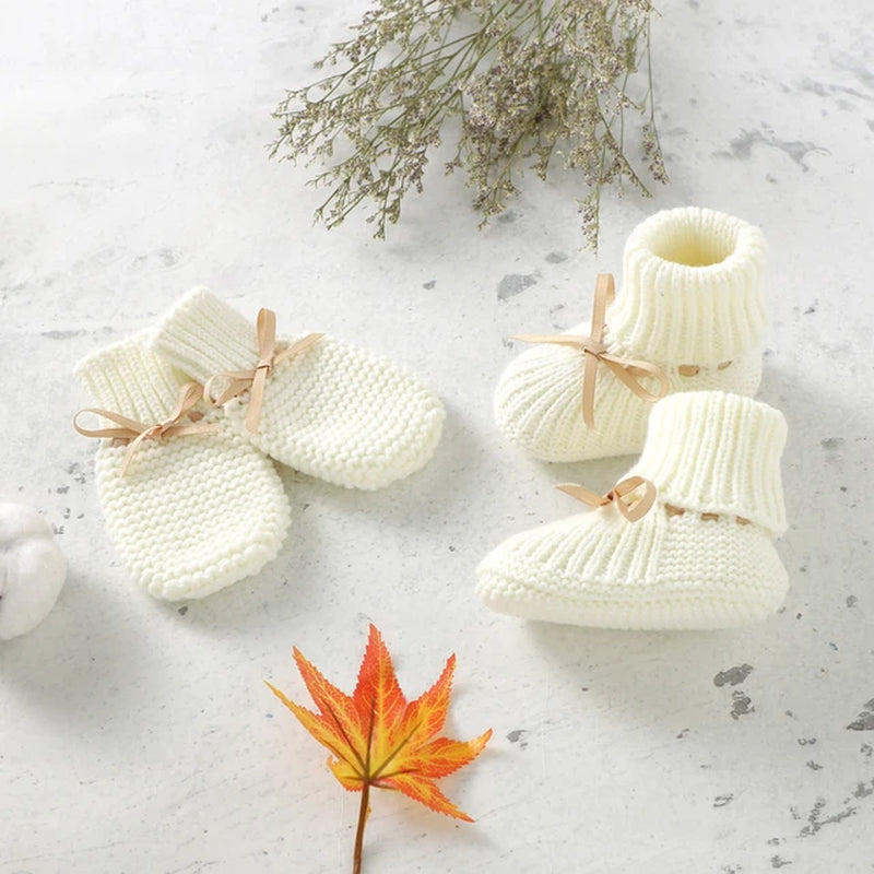 Baby Shoes + Gloves Set Knit Toddler Infant Slip-On Bed Shoes Hand Made Newborn Girl Boy Cute Boot Mitten Fashion Butterfly-Knot